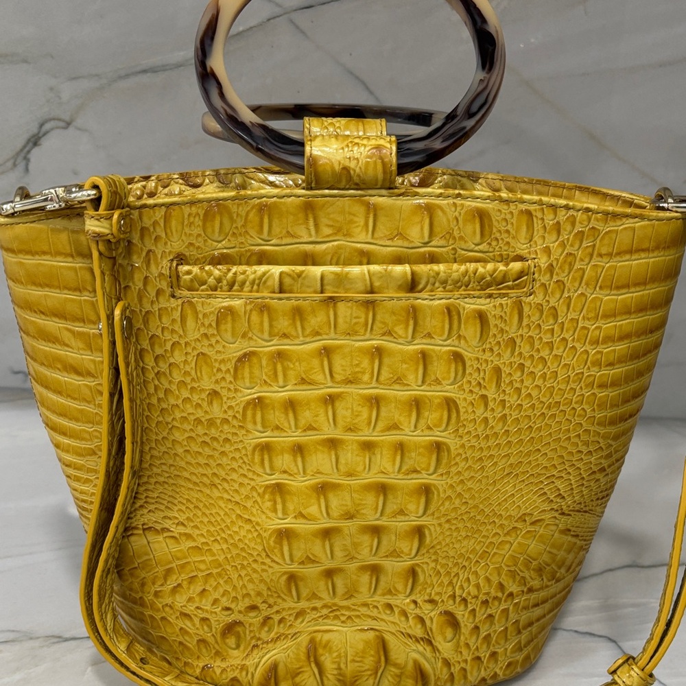 Brahmin Yellow Croc-Embossed Tote with Tortoiseshell Ring Handles - Picture 3 of 7